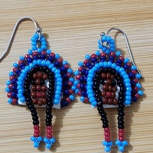 Handmade Native American Earrings Headdress Blue Red Brown Beaded Pierced